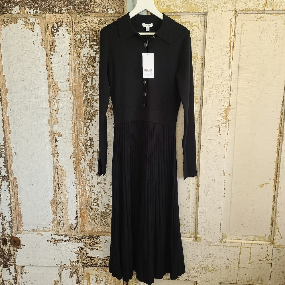 Reiss "Mia" Black Knitted Pleated Midi Dress Sz S